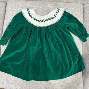 vintage Green Velvet Kids Dress with Embroidered Collar